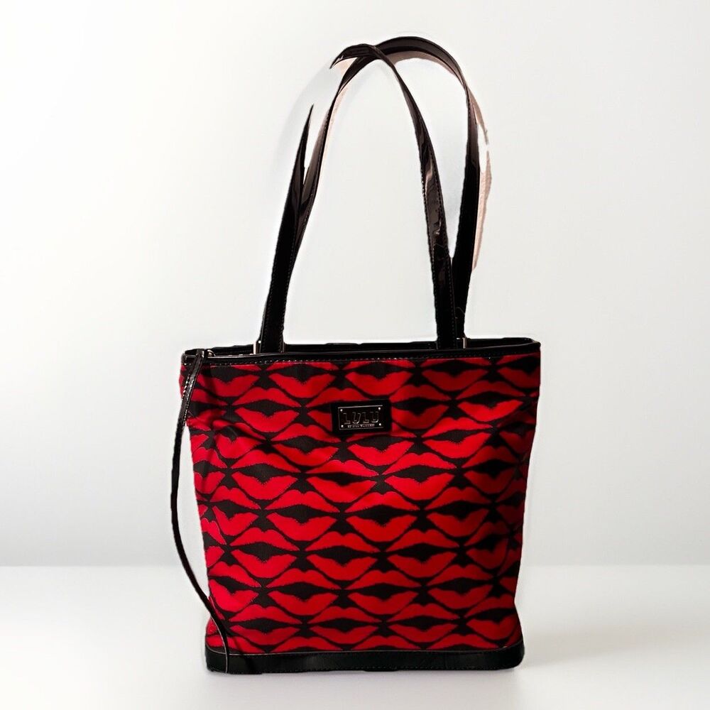 Lulu Guinness Lips Tote Bag Red Black Vinyl Patent Trim Shoulder Handbag